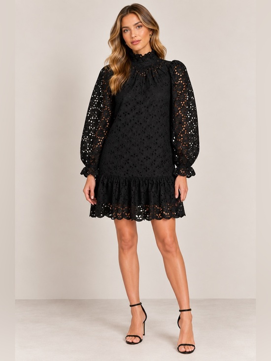J. Crew Dresses & Skirts - NWT J. CREW COLLECTION $198 BLACK RUFFLE NECK LACE DRESS SZ XS EXTRA SMALL‎